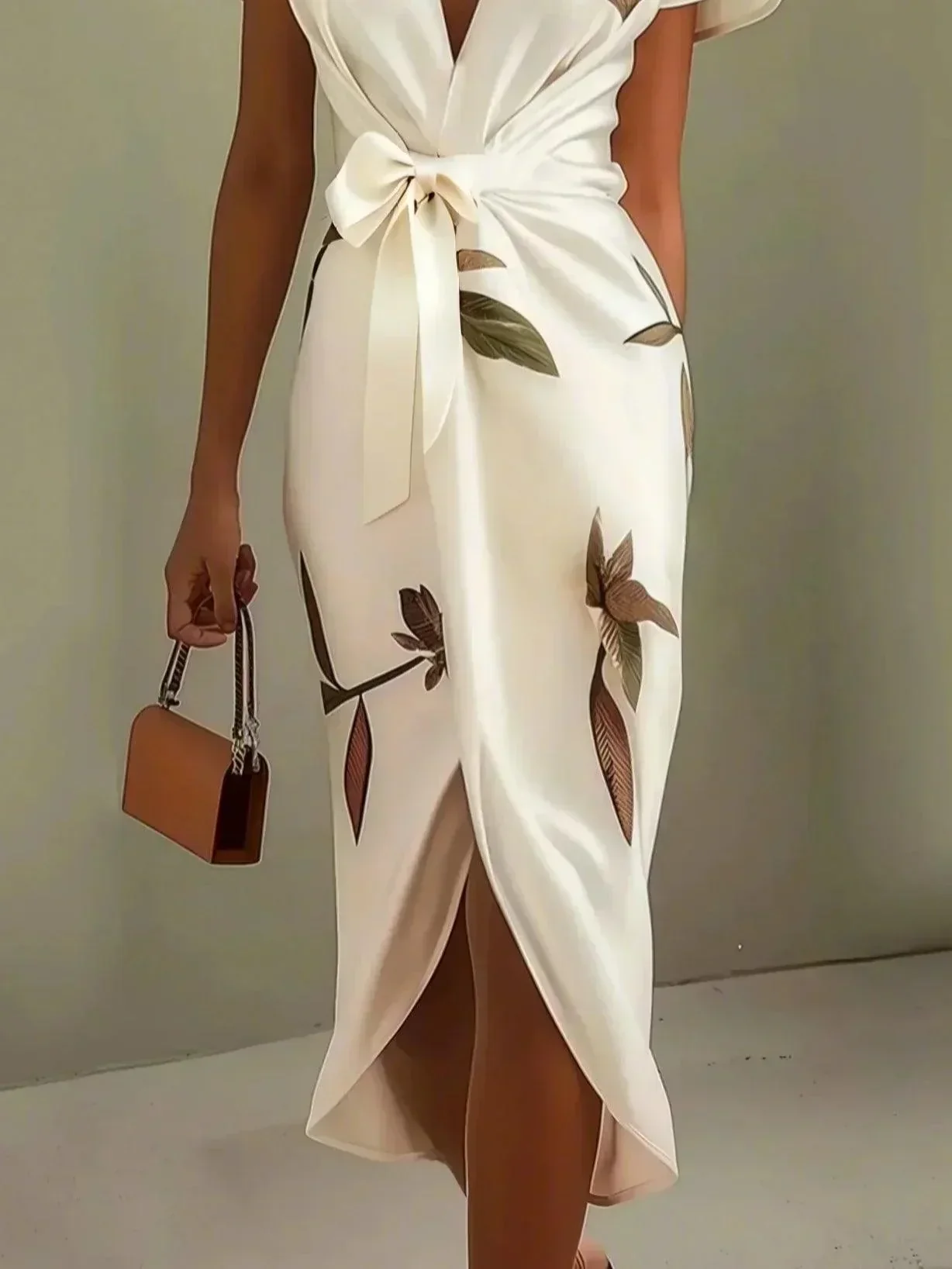 Robe Midi Portefeuille Élégante en Satin Femme – Imprimé Floral Manches Courtes - Image 5