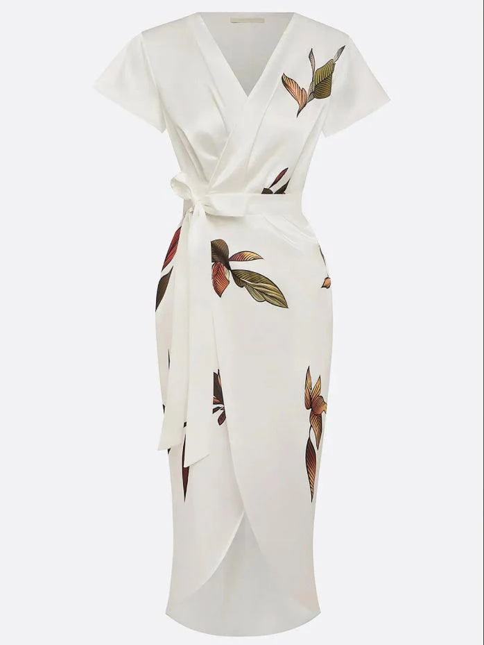 Robe Midi Portefeuille Élégante en Satin Femme – Imprimé Floral Manches Courtes - Image 6