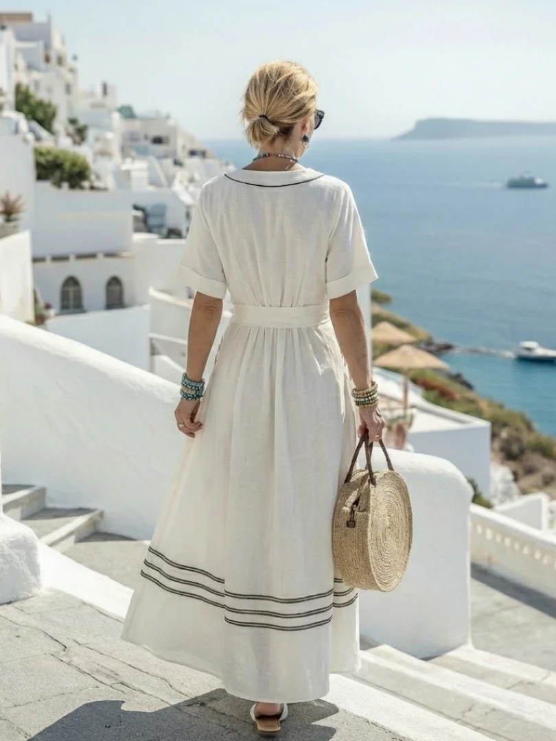 Robe midi portefeuille femme à col V – Manches courtes rayées - Image 2