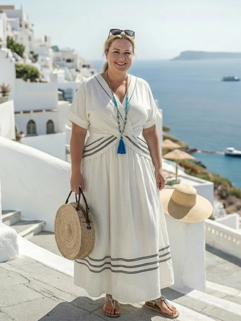 Robe midi portefeuille femme à col V – Manches courtes rayées - Image 3