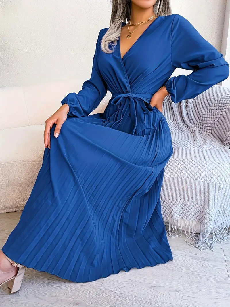 Robe Midi Portefeuille Plissée Femme – Manches Longues Col V Style Élégant - Image 10