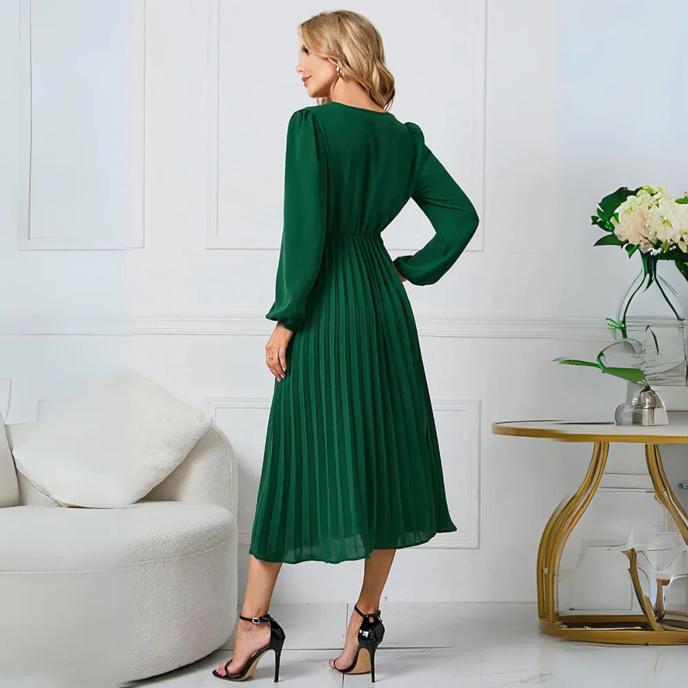 Robe Midi Portefeuille Plissée Femme – Manches Longues Col V Style Élégant - Image 2