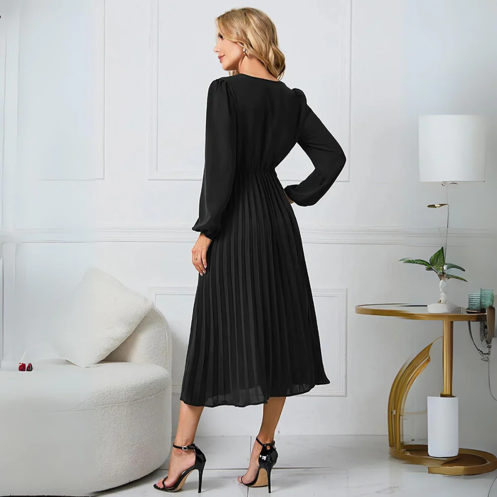 Robe Midi Portefeuille Plissée Femme – Manches Longues Col V Style Élégant - Image 3