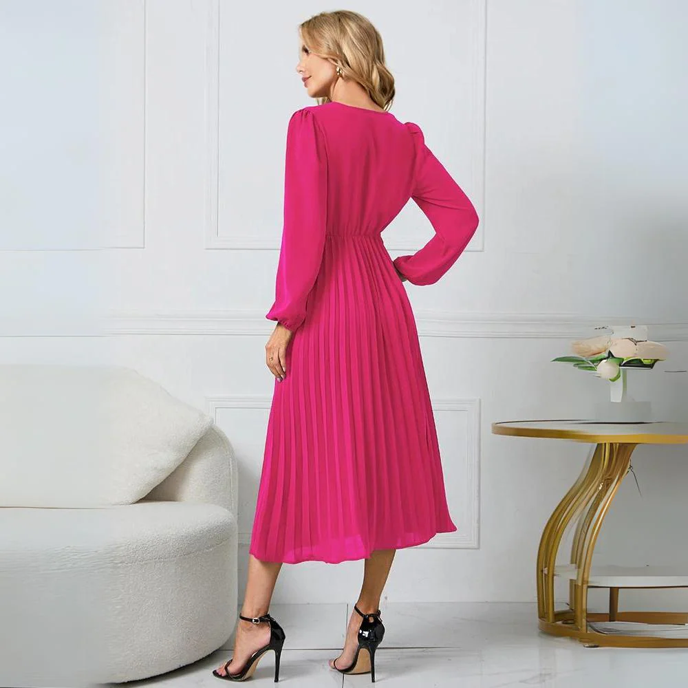 Robe Midi Portefeuille Plissée Femme – Manches Longues Col V Style Élégant - Image 5