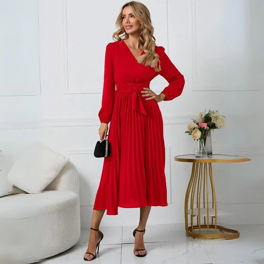 Robe Midi Portefeuille Plissée Femme – Manches Longues Col V Style Élégant - Image 6