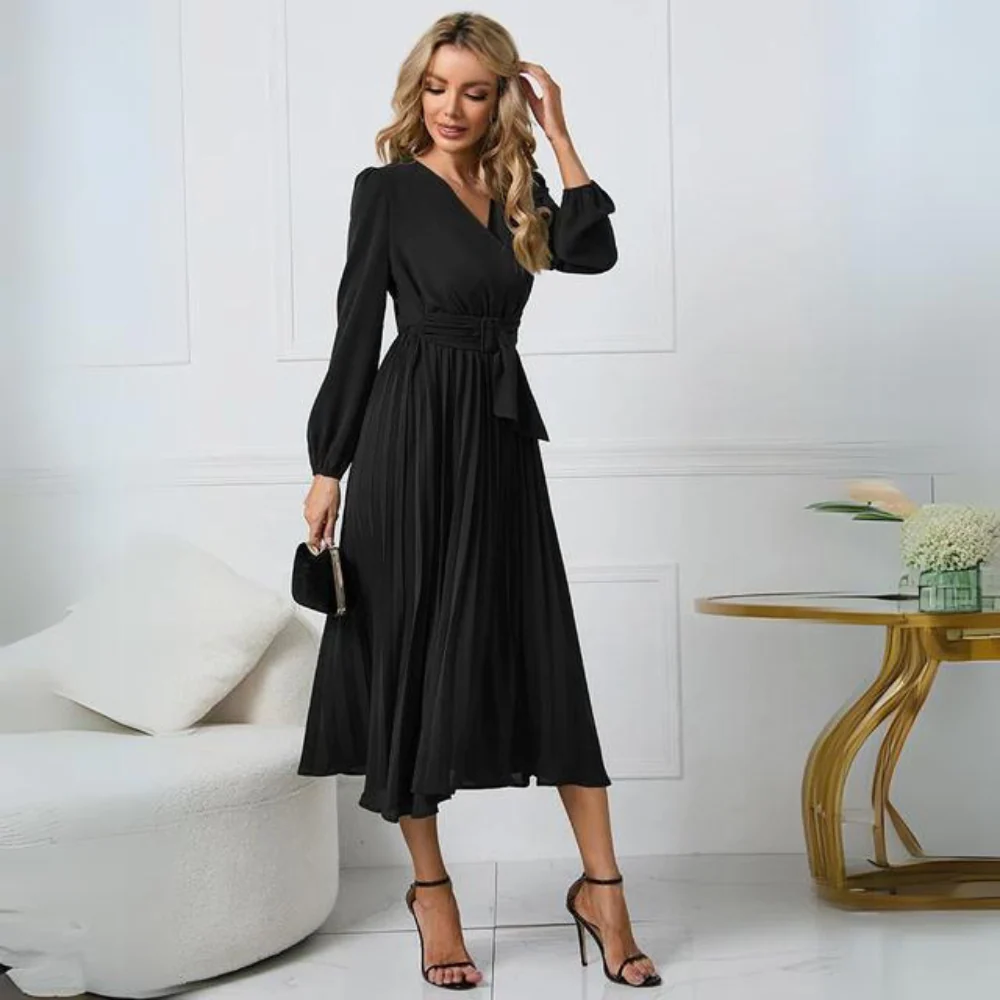 Robe Midi Portefeuille Plissée Femme – Manches Longues Col V Style Élégant - Image 7