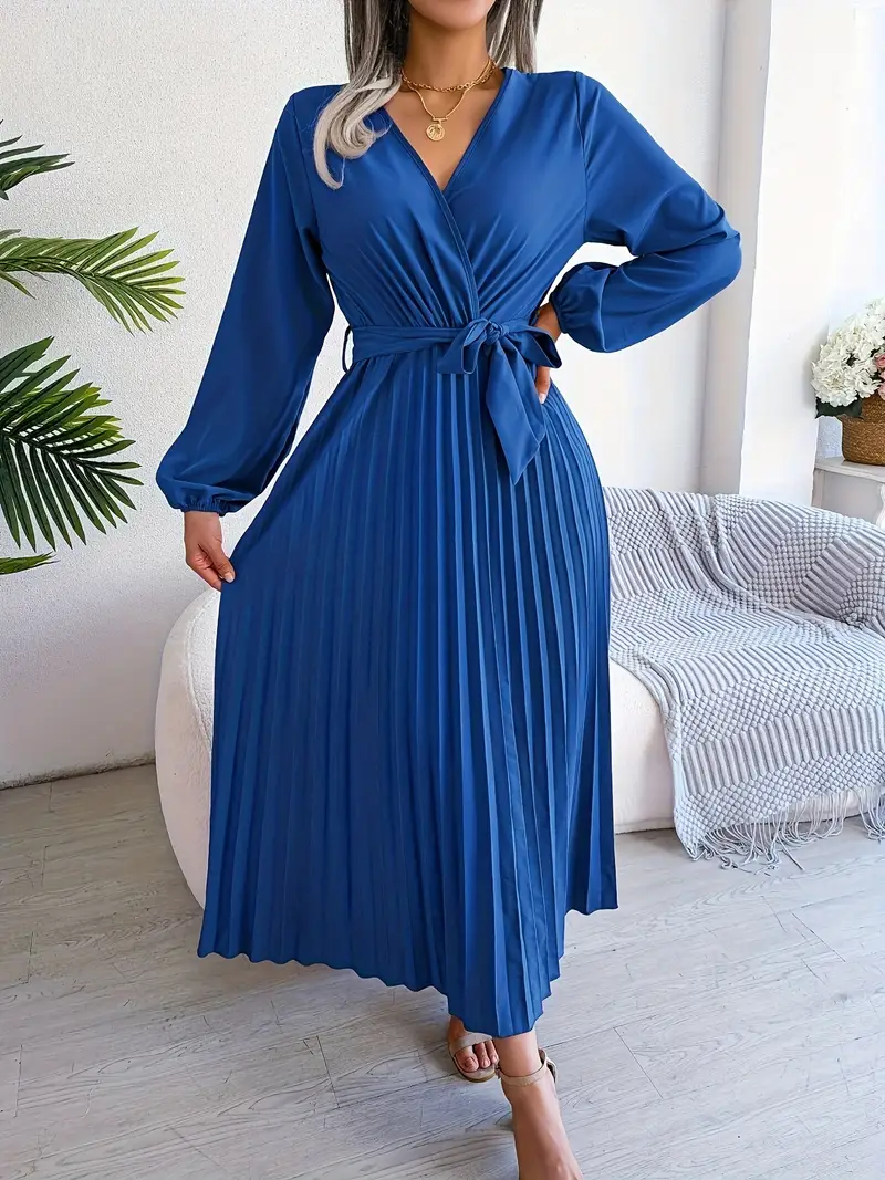 Robe Midi Portefeuille Plissée Femme – Manches Longues Col V Style Élégant - Image 8