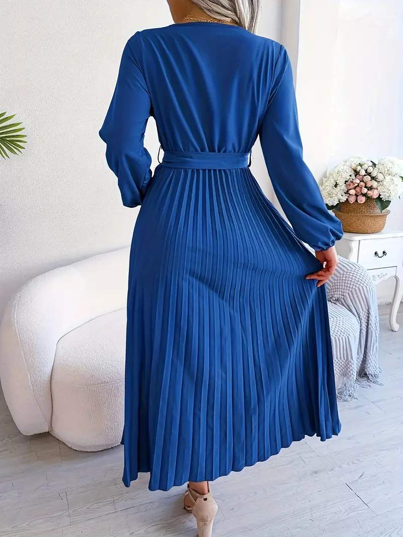 Robe Midi Portefeuille Plissée Femme – Manches Longues Col V Style Élégant - Image 9