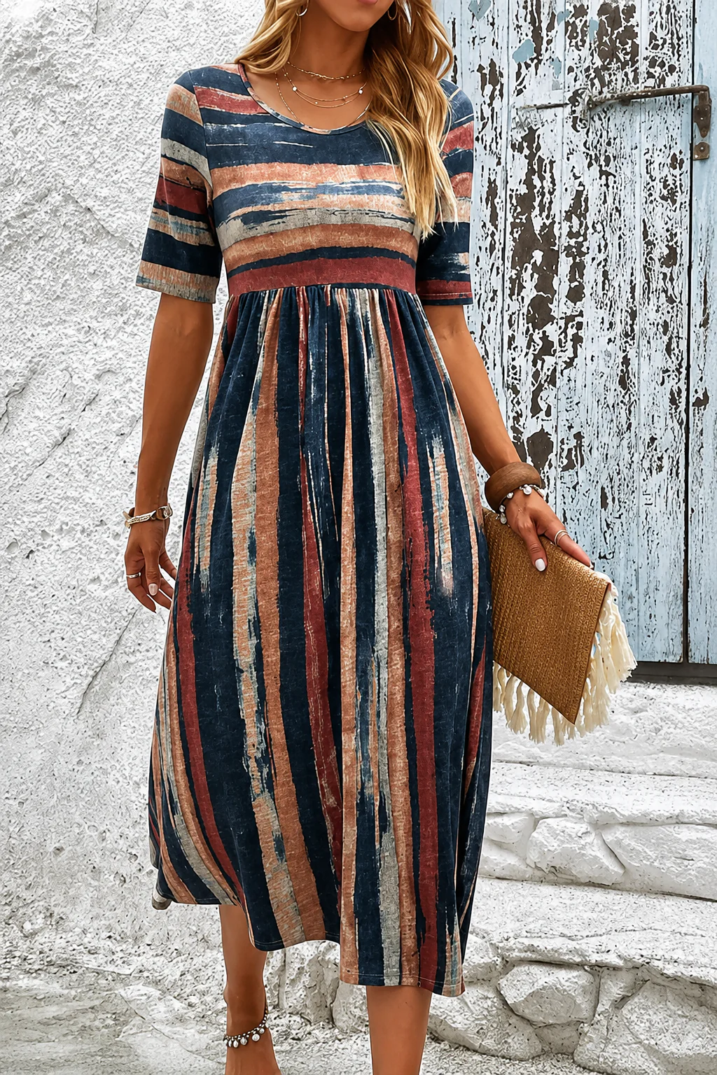 Robe midi rayee femme ventre floute - Fluide et flatteuse