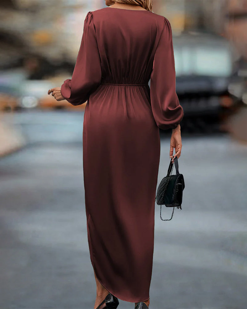 Robe Midi Satinée Élégante à Portefeuille – Col V Manches Évêque Ceinture et Fente - Image 5