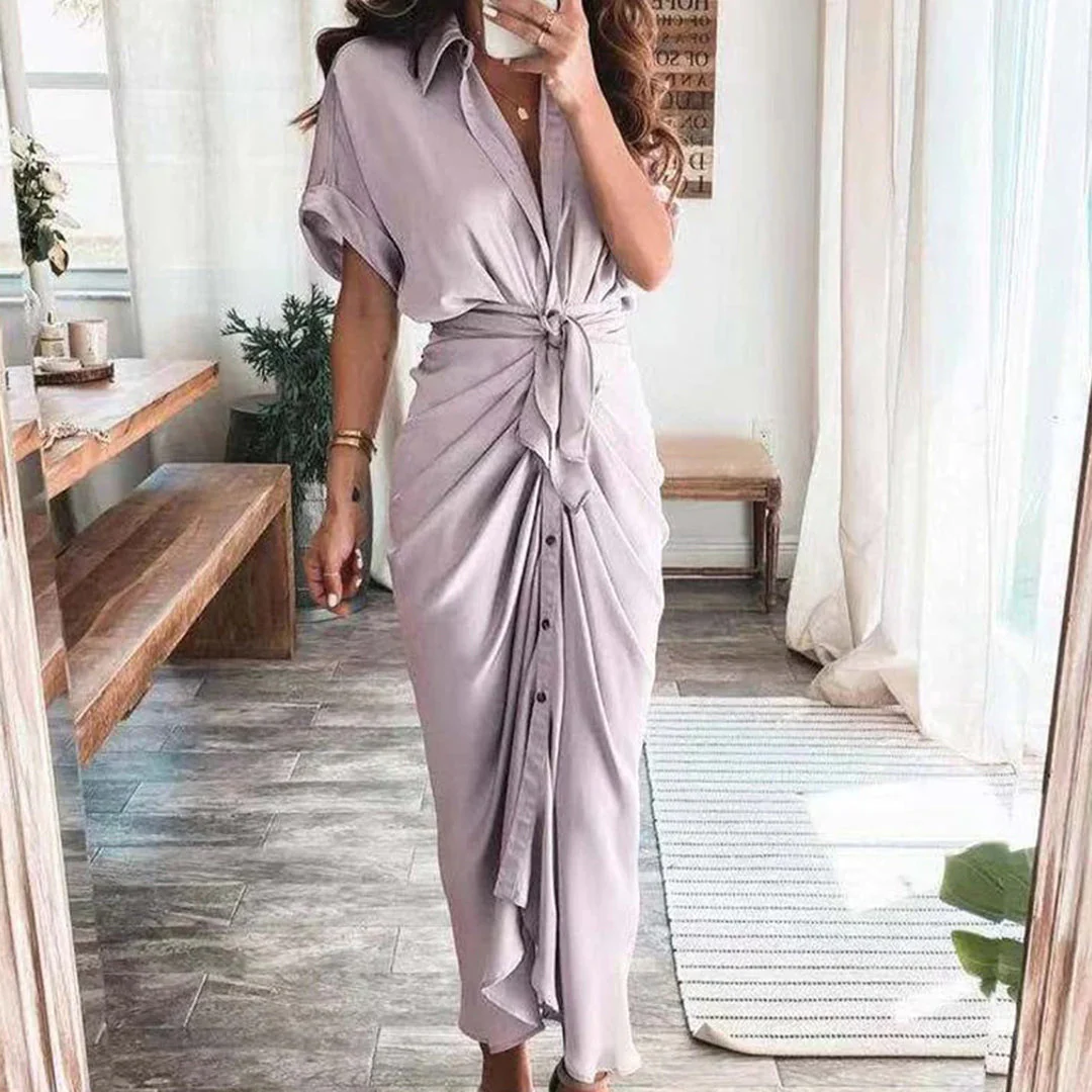 Robe Midi Satinée Femme Boutonnée Col V – Détail Taille Froncée Manches Longues - Image 10