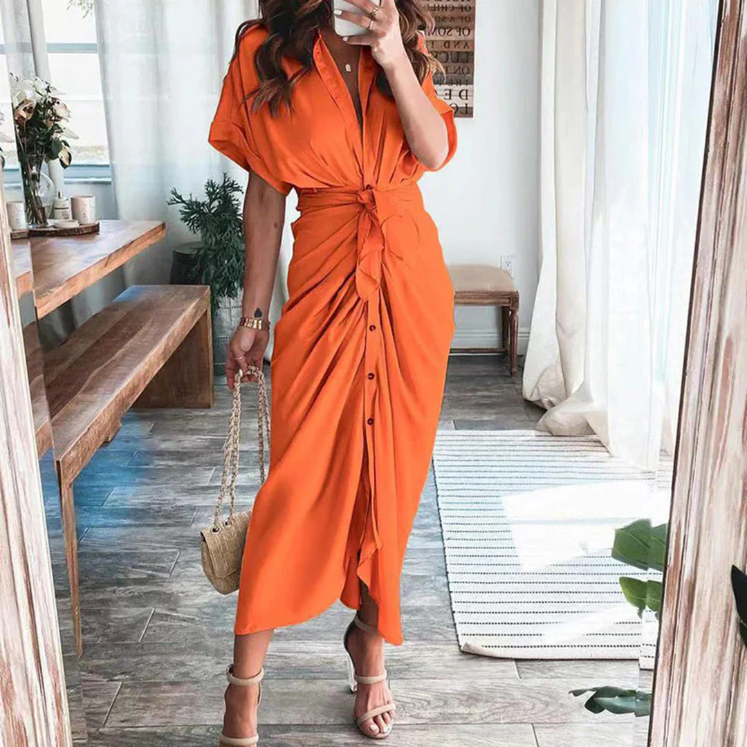 Robe Midi Satinée Femme Boutonnée Col V – Détail Taille Froncée Manches Longues - Image 11