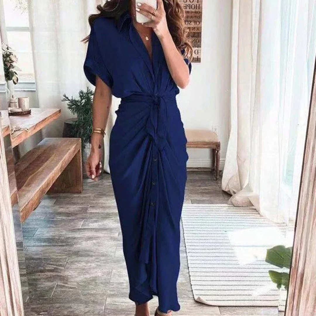 Robe Midi Satinée Femme Boutonnée Col V – Détail Taille Froncée Manches Longues - Image 12