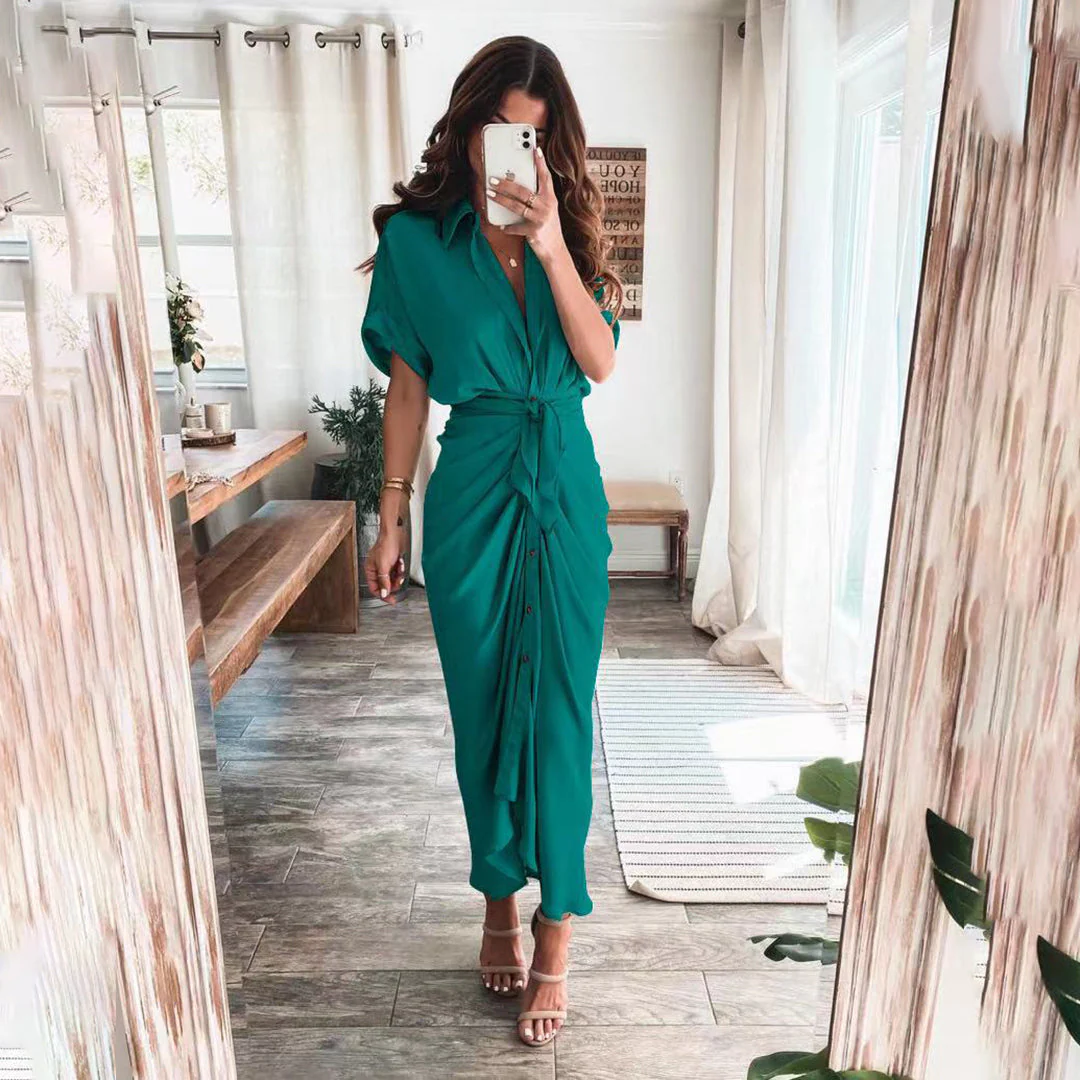 Robe Midi Satinée Femme Boutonnée Col V – Détail Taille Froncée Manches Longues - Image 13