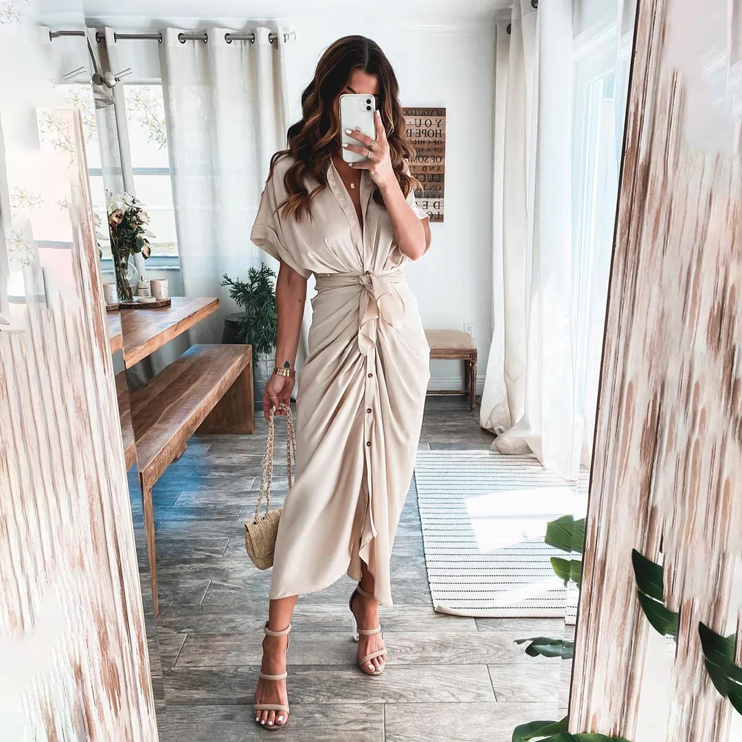 Robe Midi Satinée Femme Boutonnée Col V – Détail Taille Froncée Manches Longues - Image 14