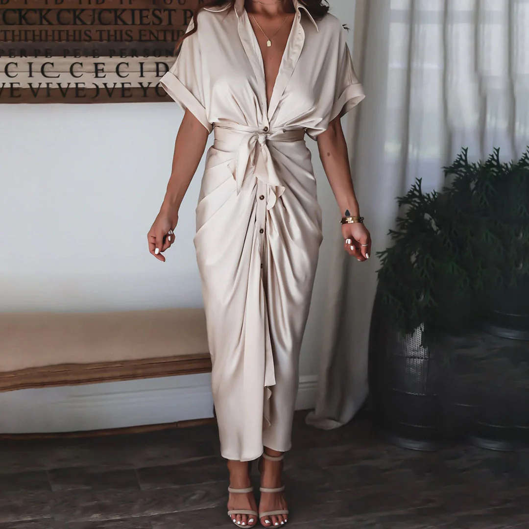 Robe Midi Satinée Femme Boutonnée Col V – Détail Taille Froncée Manches Longues - Image 2