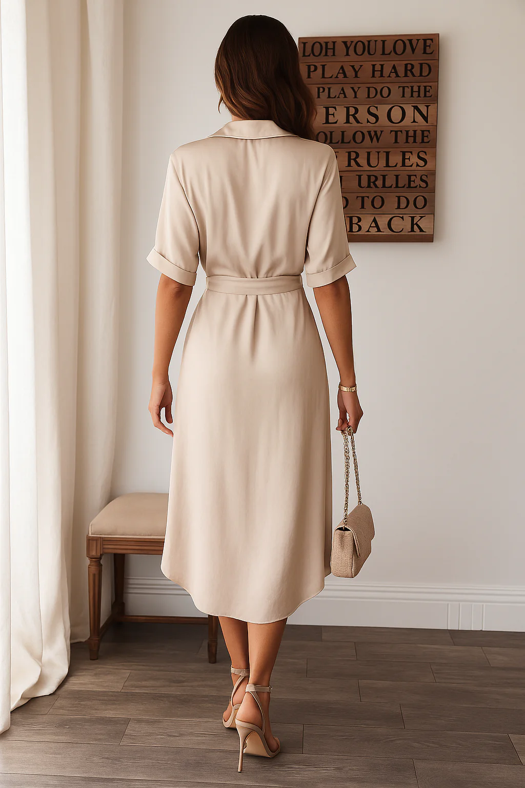 Robe Midi Satinée Femme Boutonnée Col V – Détail Taille Froncée Manches Longues - Image 3