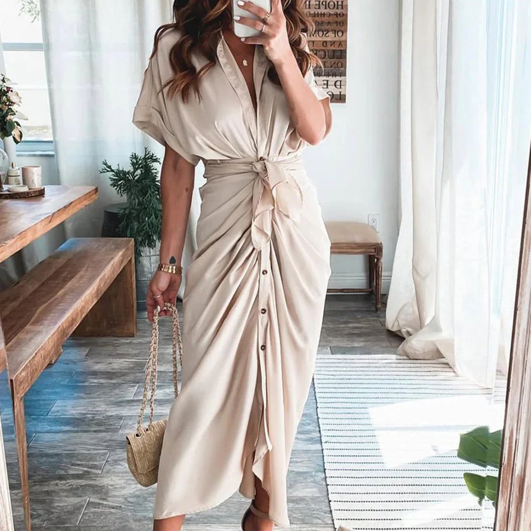 Robe Midi Satinée Femme Boutonnée Col V – Détail Taille Froncée Manches Longues - Image 4