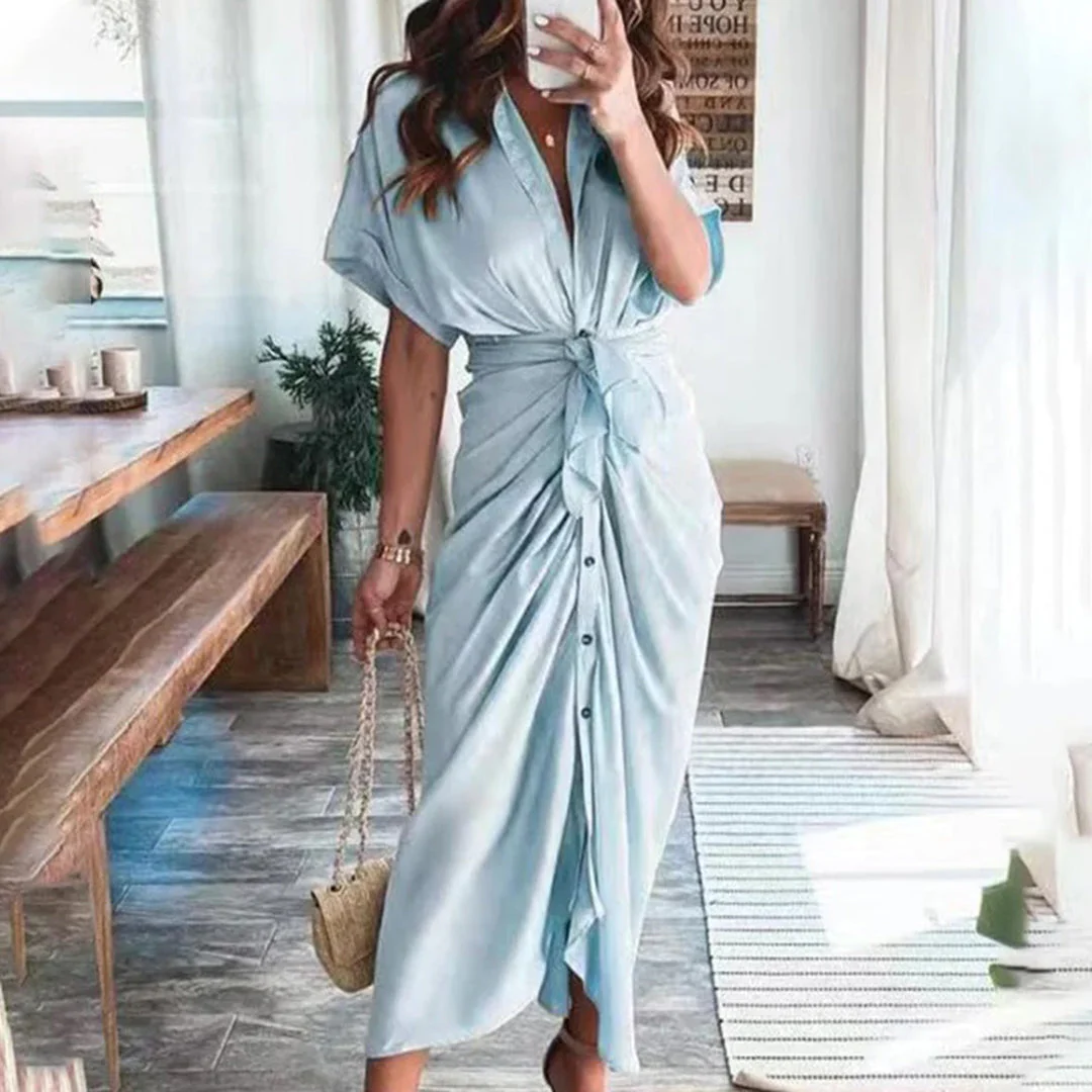 Robe Midi Satinée Femme Boutonnée Col V – Détail Taille Froncée Manches Longues - Image 5