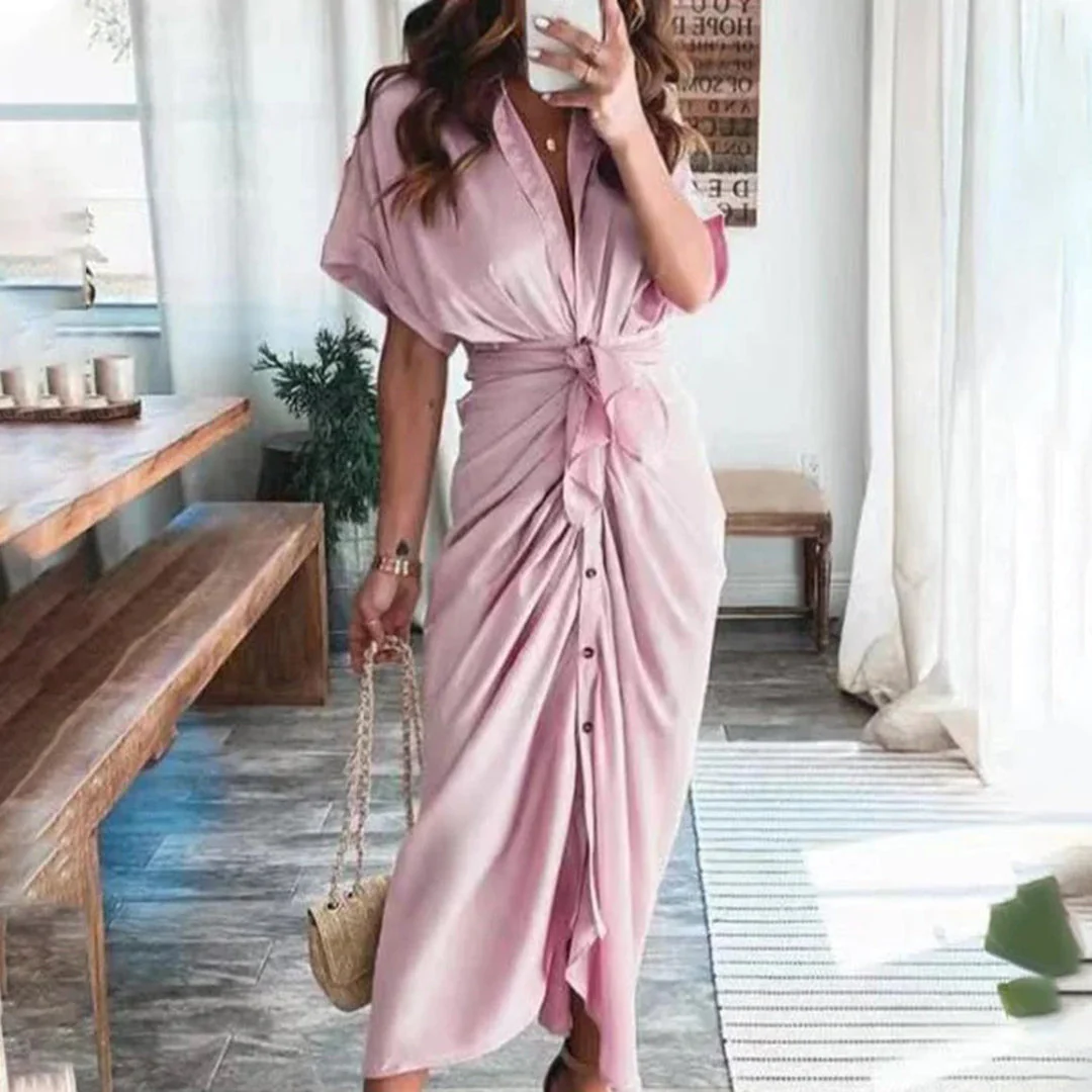 Robe Midi Satinée Femme Boutonnée Col V – Détail Taille Froncée Manches Longues - Image 6