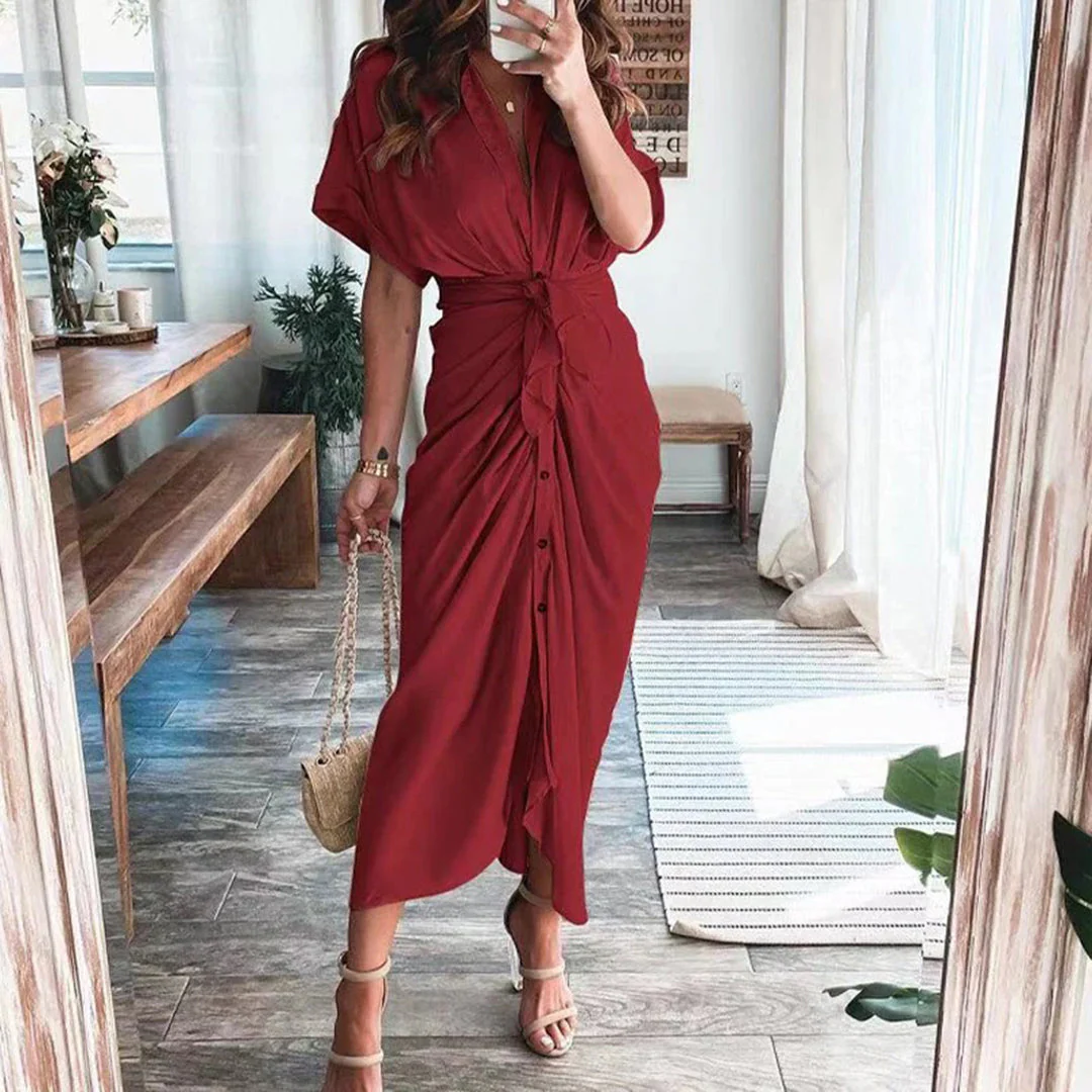 Robe Midi Satinée Femme Boutonnée Col V – Détail Taille Froncée Manches Longues - Image 7