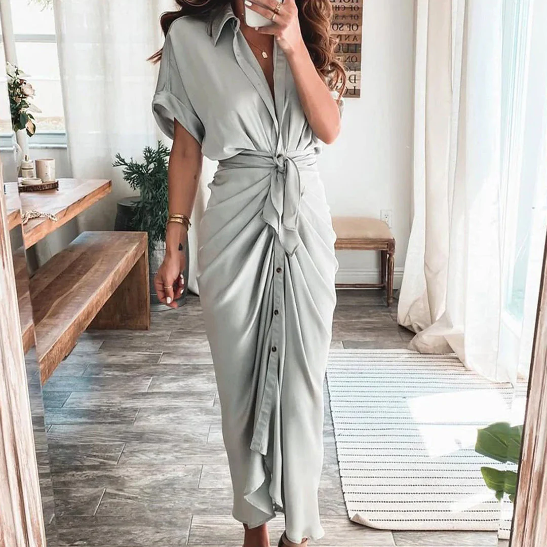 Robe Midi Satinée Femme Boutonnée Col V – Détail Taille Froncée Manches Longues - Image 8