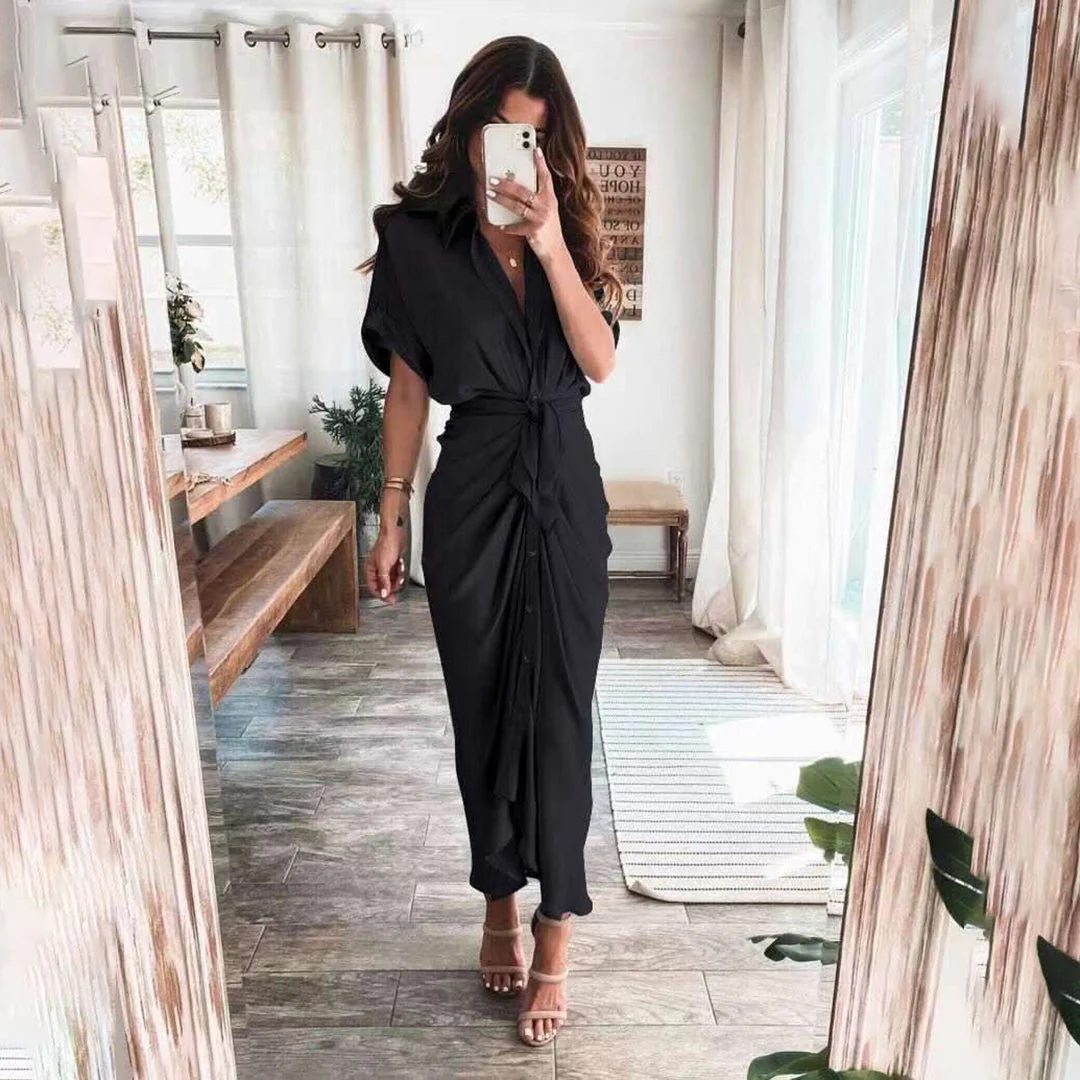 Robe Midi Satinée Femme Boutonnée Col V – Détail Taille Froncée Manches Longues - Image 9