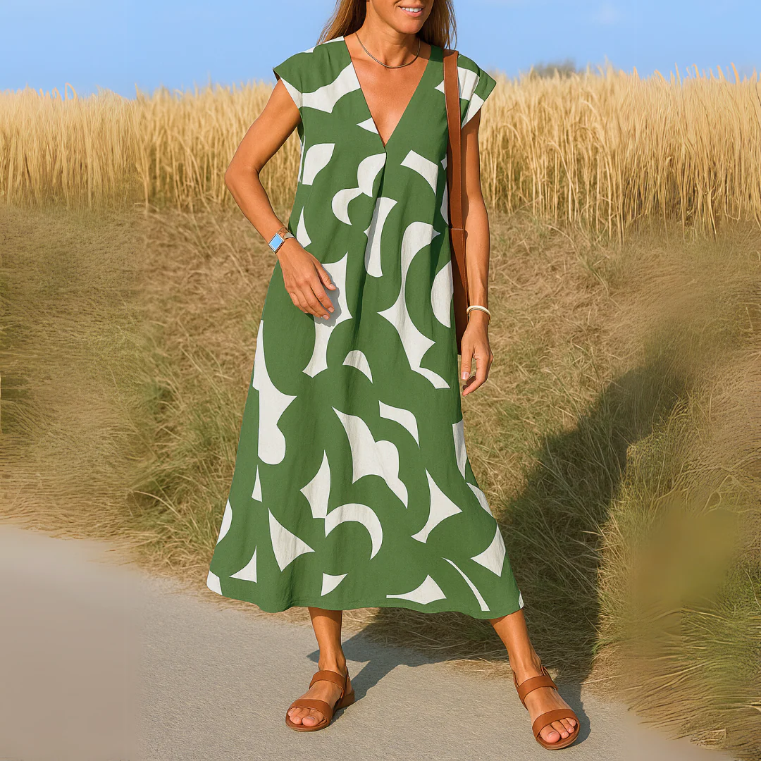 Robe midi Shaira imprimé géométrique noir et blanc col V - Image 3