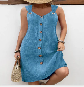 Robe Midi Unie pour Femme – Sans Manches Coupe A Col V Style Décontracté Été - Image 6