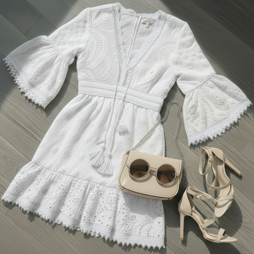 Robe Mini Blanche Brodée Femme – Design Élégant en Dentelle Fine - Image 6