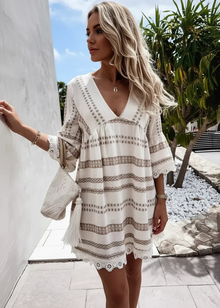 Robe Mini Décontractée Élégante Femme – Col V Style Bohème - Image 11