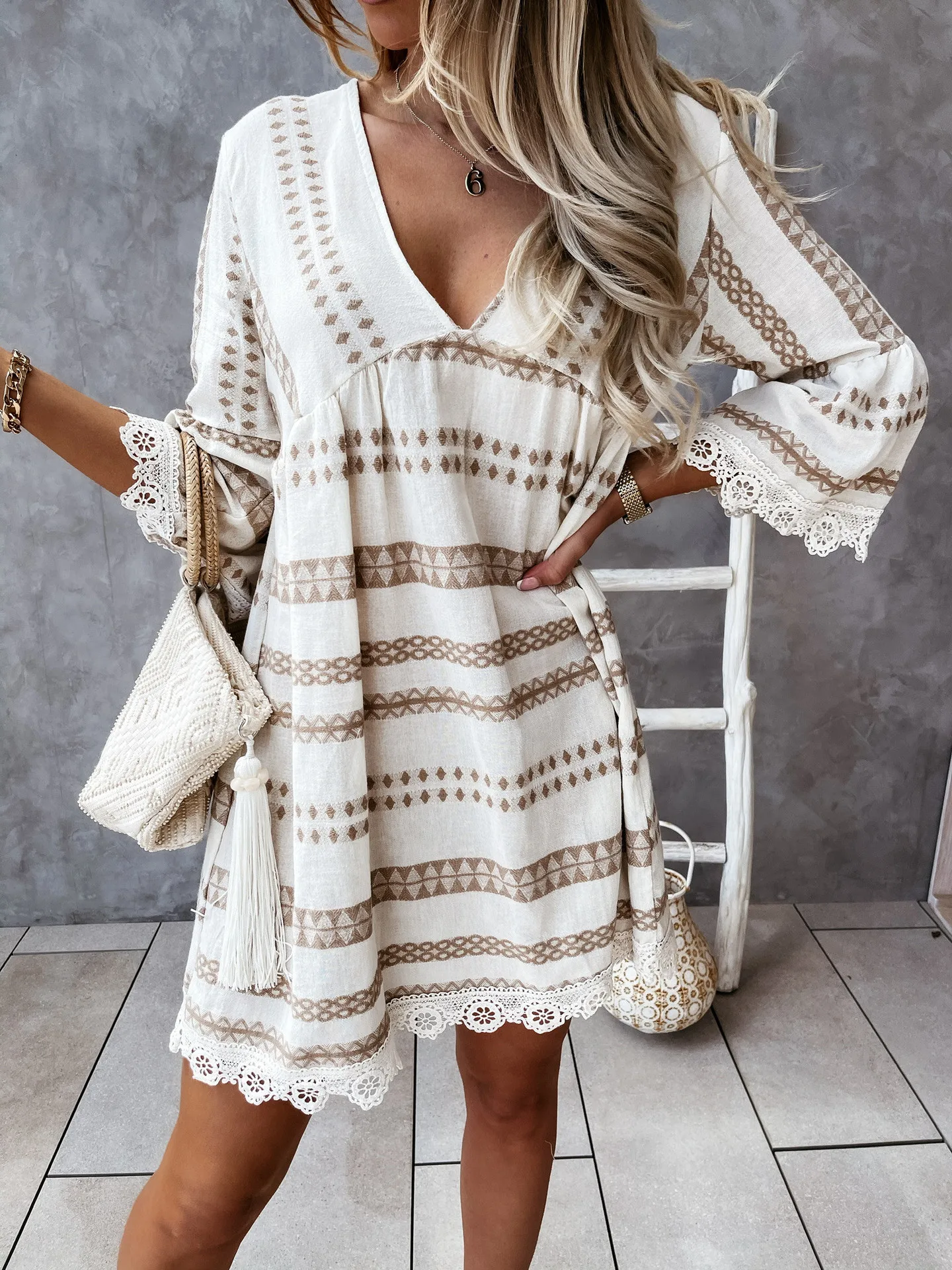 Robe Mini Décontractée Élégante Femme – Col V Style Bohème - Image 12
