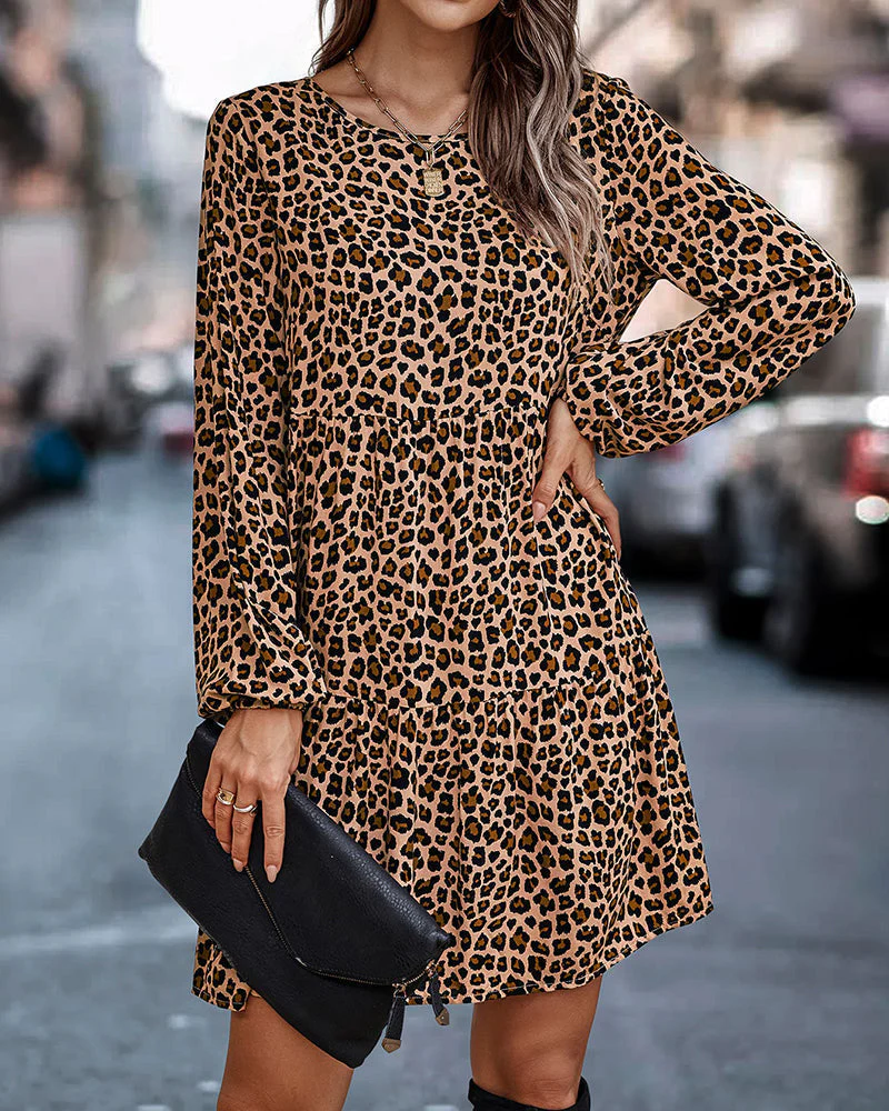 Robe Mini Élégante Femme à Imprimé Léopard – Manches Longues Coupe Ample - Image 3
