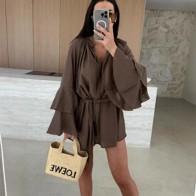 Robe Mini Élegante Femme Col V – Manches Évasées à Volants avec Taille Ajustable - Image 2