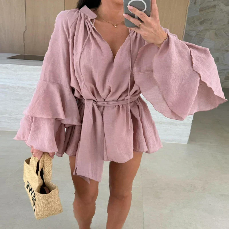 Robe Mini Élegante Femme Col V – Manches Évasées à Volants avec Taille Ajustable - Image 3