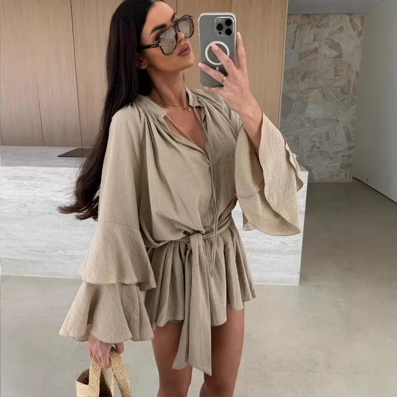 Robe Mini Élegante Femme Col V – Manches Évasées à Volants avec Taille Ajustable - Image 4