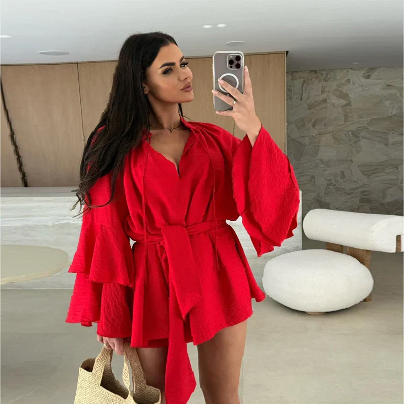 Robe Mini Élegante Femme Col V – Manches Évasées à Volants avec Taille Ajustable - Image 5