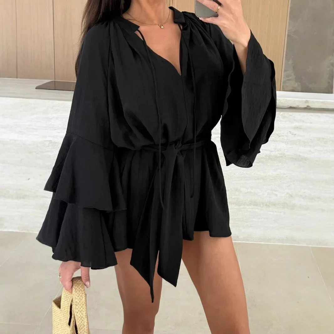 Robe Mini Élegante Femme Col V – Manches Évasées à Volants avec Taille Ajustable - Image 6