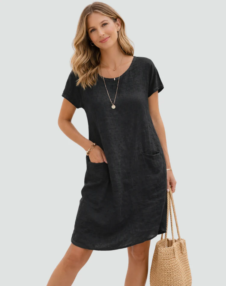 Robe mini femme en lin avec poches - Legere et decontractee - Image 2