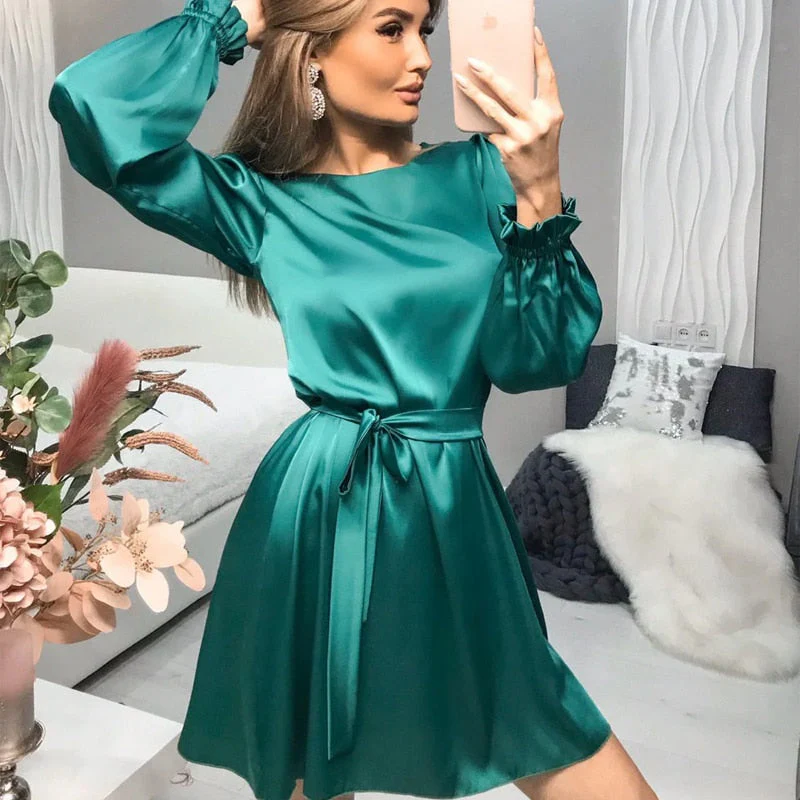Robe Mini Satin Élégante Femme – Style Classique Chic à Manches Longues