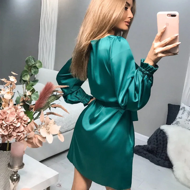 Robe Mini Satin Élégante Femme – Style Classique Chic à Manches Longues - Image 2