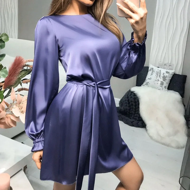 Robe Mini Satin Élégante Femme – Style Classique Chic à Manches Longues - Image 3