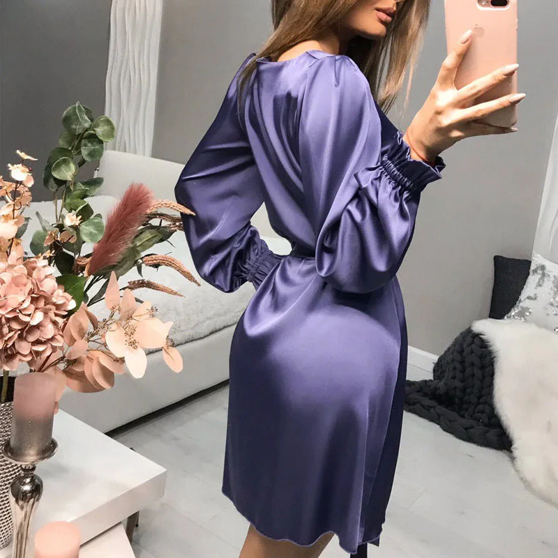 Robe Mini Satin Élégante Femme – Style Classique Chic à Manches Longues - Image 4
