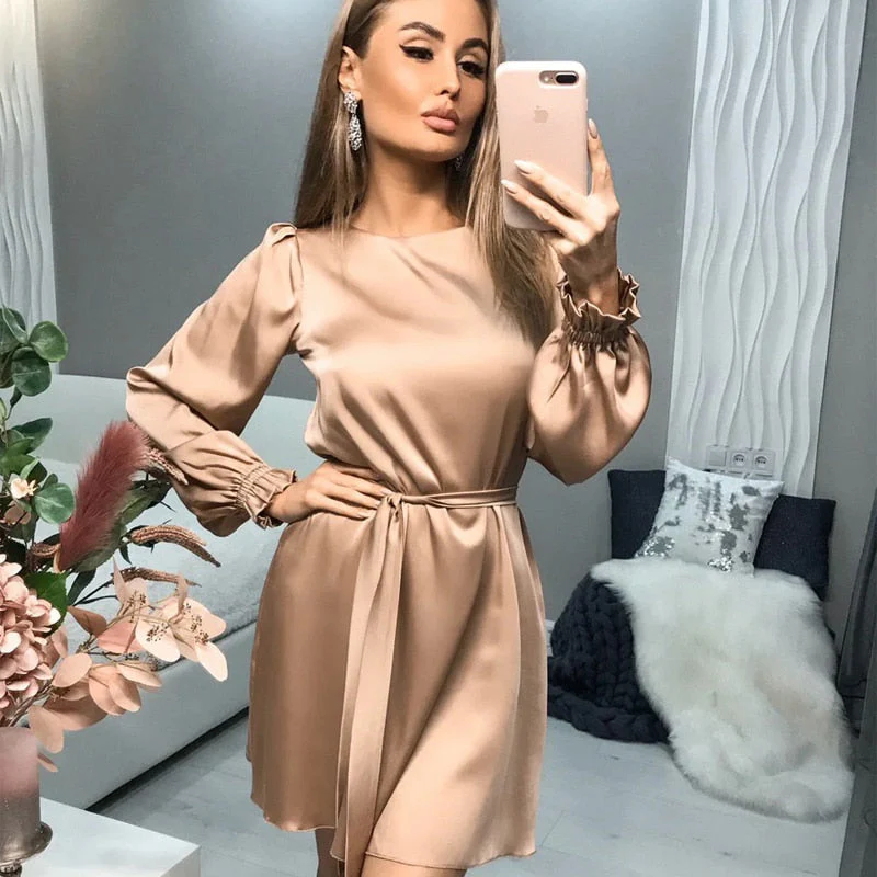 Robe Mini Satin Élégante Femme – Style Classique Chic à Manches Longues - Image 5