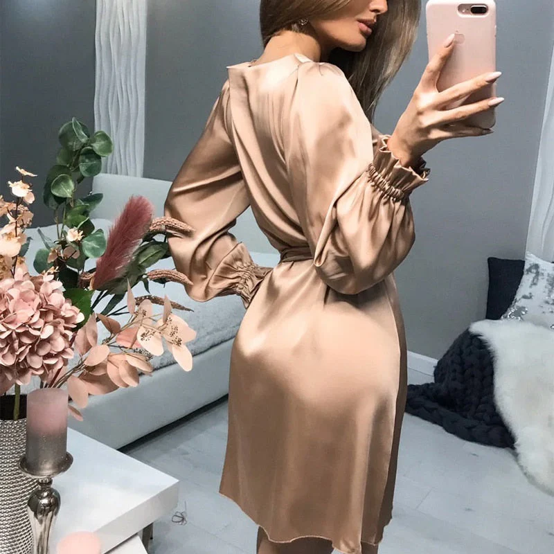 Robe Mini Satin Élégante Femme – Style Classique Chic à Manches Longues - Image 6