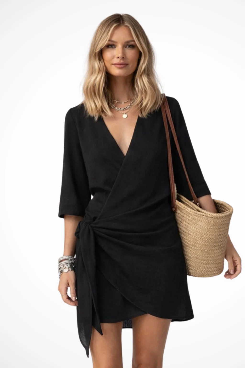 Robe portefeuille courte pour femme – Taille nouée, manches courtes, style décontracté chic estival - Image 3