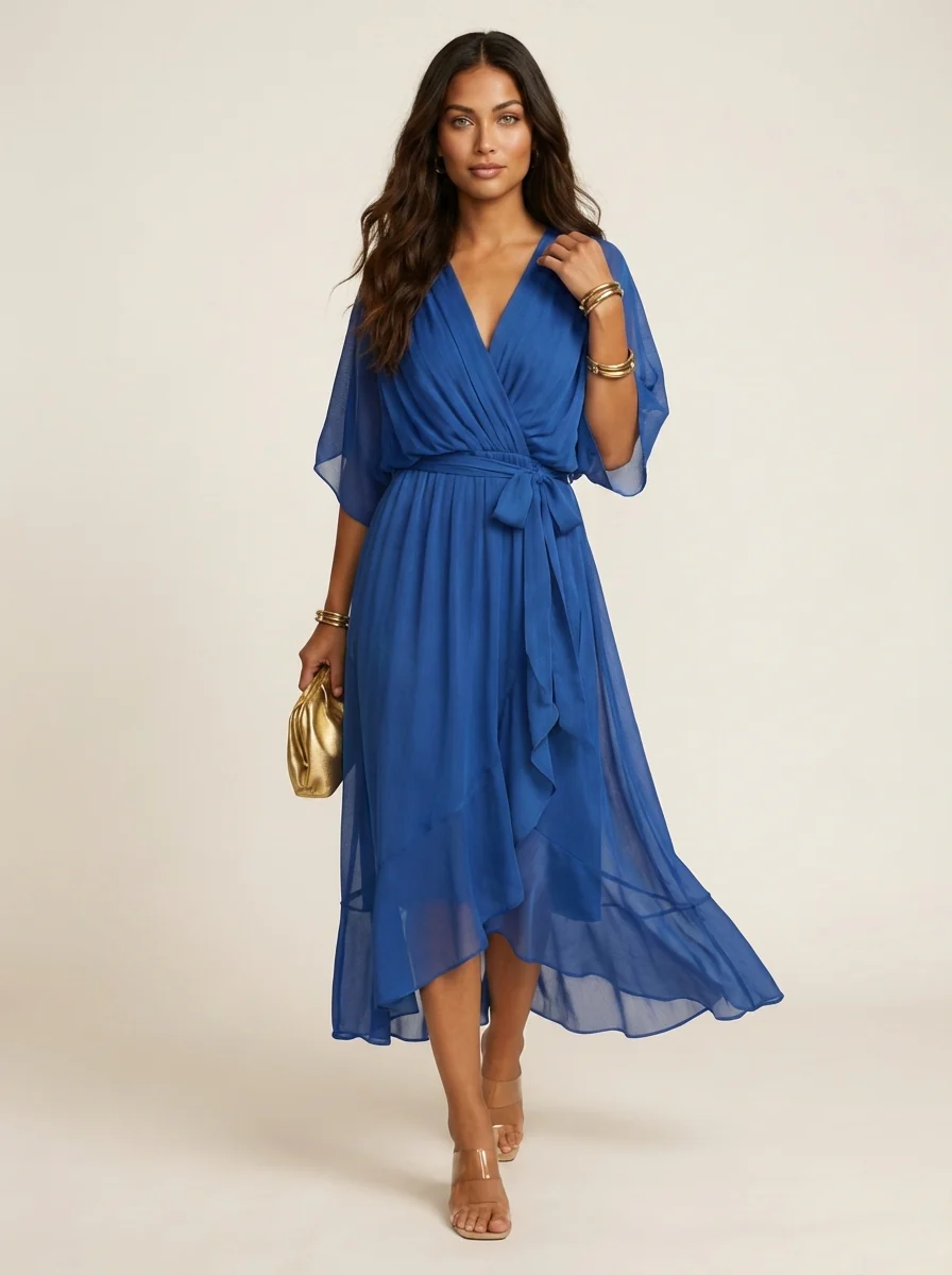 Robe portefeuille midi femme – Fluide et ceinturée - Image 2