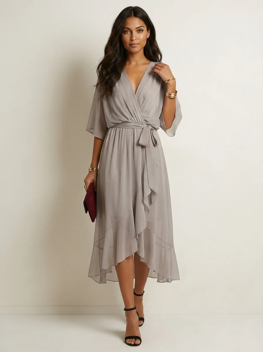 Robe portefeuille midi femme – Fluide et ceinturée - Image 3