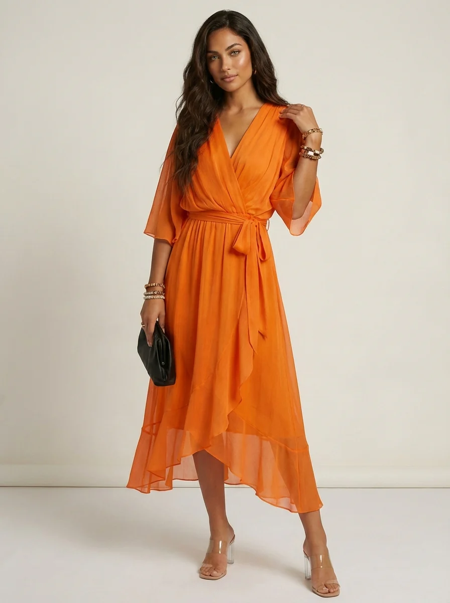 Robe portefeuille midi femme – Fluide et ceinturée - Image 4
