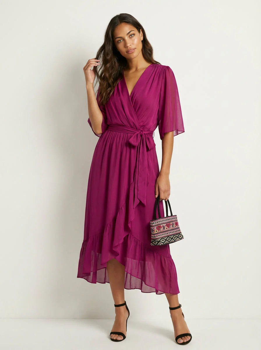 Robe portefeuille midi femme – Fluide et ceinturée - Image 7